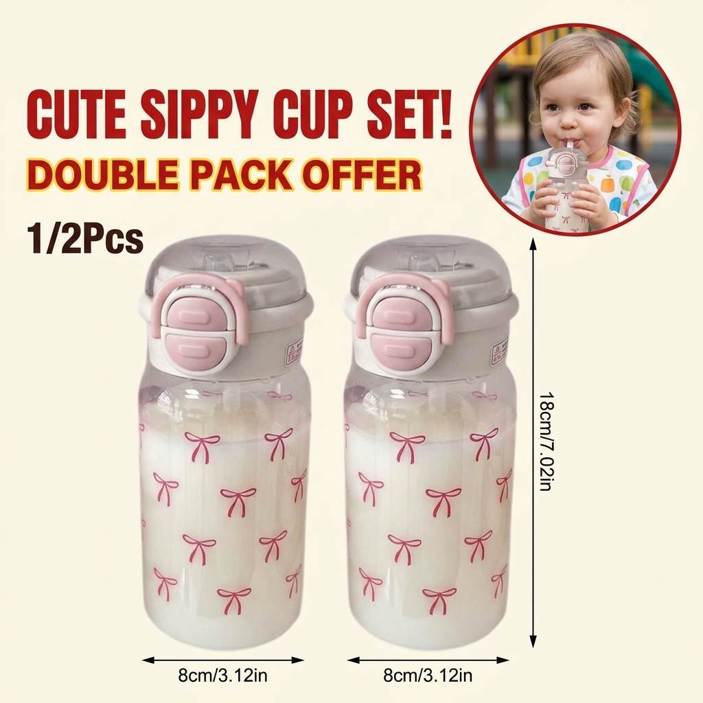 Training Cup Straw - แก้วน้ำพกพาขนาดใหญ่สำหรับผู้หญิง ลายโบว์สีชมพู พร้อมฝาปิดและหลอดดูด ดีไซน์น่ารักเหมาะกับสาวๆ