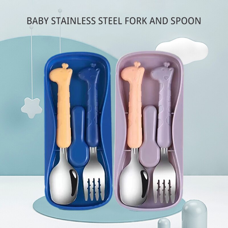 Baby Food Eating - ชุดช้อนส้อมสำหรับเด็ก 2 ชิ้น ทำจากสแตนเลสเกรดอาหาร 304 อุปกรณ์ฝึกทานอาหารสำหรับเด็ก