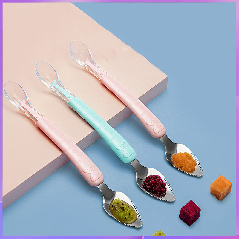 Baby Food Eating - ช้อนขูดสองหัวสำหรับกินแอปเปิ้ลน้ำซุปข้น ช้อนขูดสำหรับขูดผลไม้บด เครื่องมือสำหรับป้อนอาหารและช่วยให้เด็กกินอาหาร