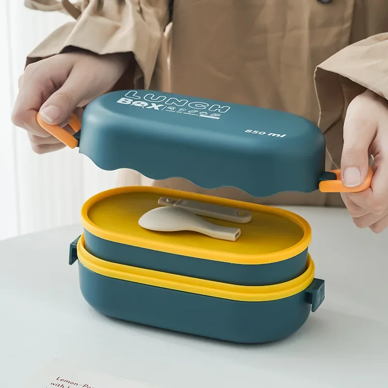 Baby Food Thermos - กล่องข้าวกลางวันพลาสติกสองชั้นกล่องข้าวกลางวันขนาด850มล. พร้อมหัวเข็มขัดช้อนกันรั่วกล่องปิกนิกปิดสนิทกล่องเก็บสินค้าอาหาร