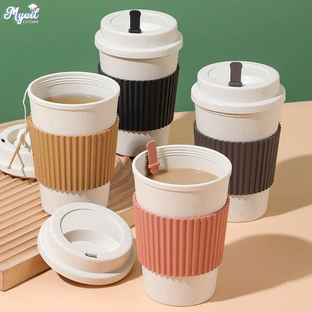 Training Cup Straw - 450ML ถ้วยกาแฟพร้อมฝาปิดฟางข้าวสาลีแบบพกพาถ้วยกาแฟเครื่องล้างจานปลอดภัยแก้วกาแฟชากาแฟถ้วยท่องเที่ยว