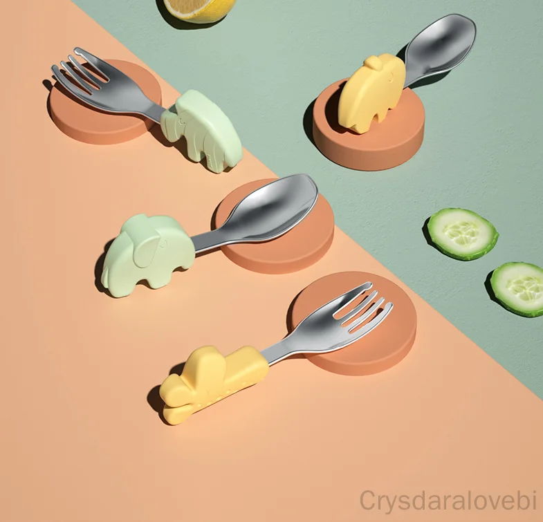 1setElephant ช้อนส้อมสั้นชุดเด - Baby Food Eating บทวิจารณ์และราคา