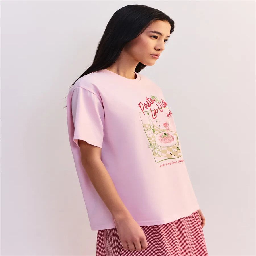 เสื้อยืดผ้าฝ้ายสีชมพูสำหรับผู้ - Baby Food Intake บทวิจารณ์และราคา
